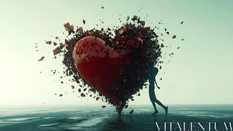 Solitary Figure Wrestles Disintegrating Crimson Heart Against Seascape