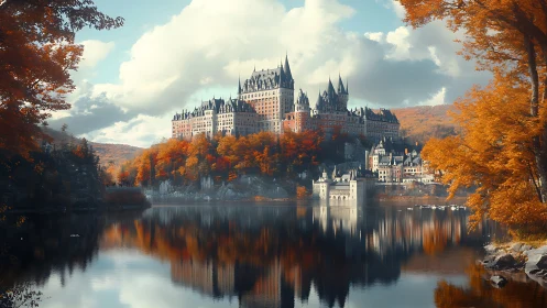 Golden autumn castle reflects softly across a tranquil lake