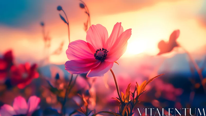 Pink cosmos flowers photographed during sunset with shallow depth of field