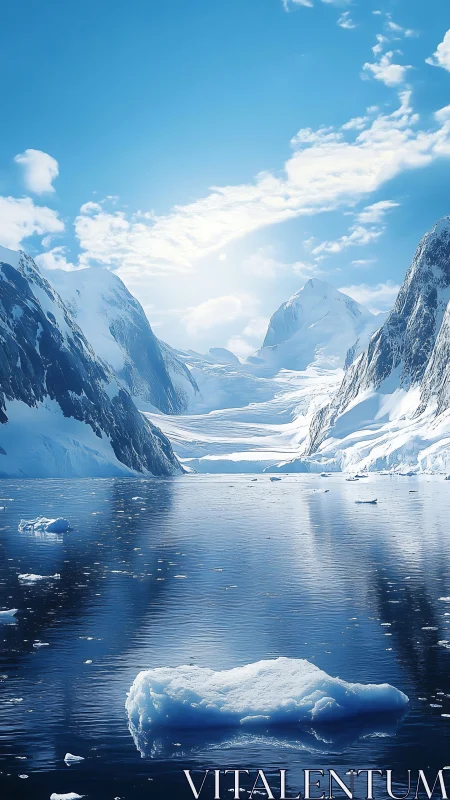 Glacial fjord reflects towering snow peaks under clear sky