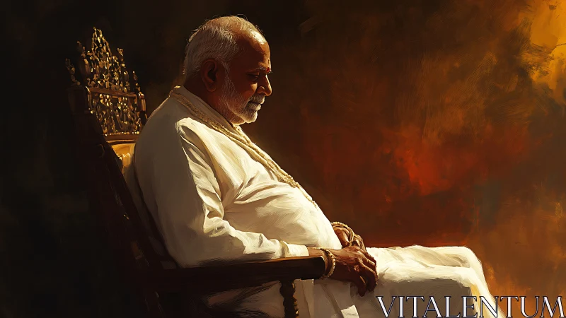 Elderly man in white robes seated against glowing dusk