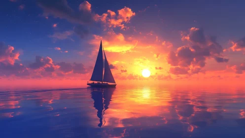 Solitary sailboat glides across a radiant sunset sea