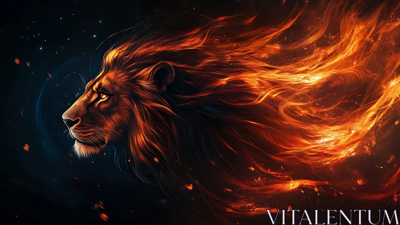 Lion profile with elongated flaming mane on dark field.