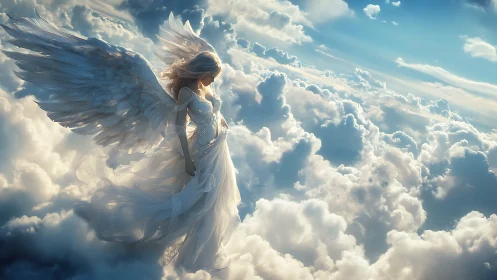 Luminous angel drifts through sunlit clouds in serene ascent