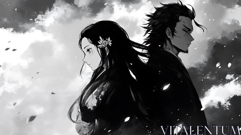 Back-to-back silhouettes trade vows with drifting petals