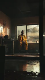 Solitary worker in yellow coveralls rests inside dim workshop.