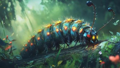 Bioluminescent forest caterpillar in dreamy green light.