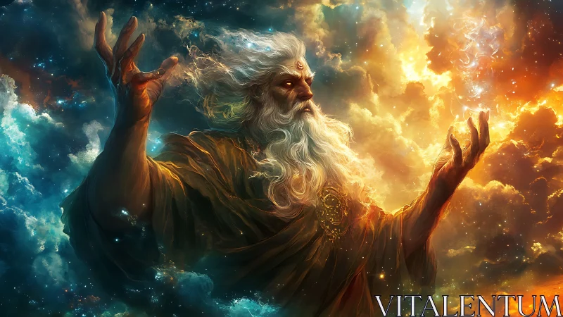 Elderly robed figure amid luminous cosmic cloudscape.
