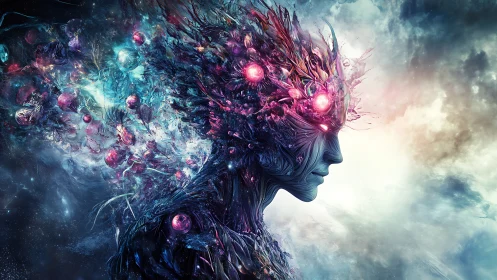Futuristic humanoid head with abstract cosmic extensions.