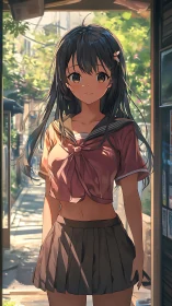 Anime schoolgirl in sunlit doorway with casual uniform.