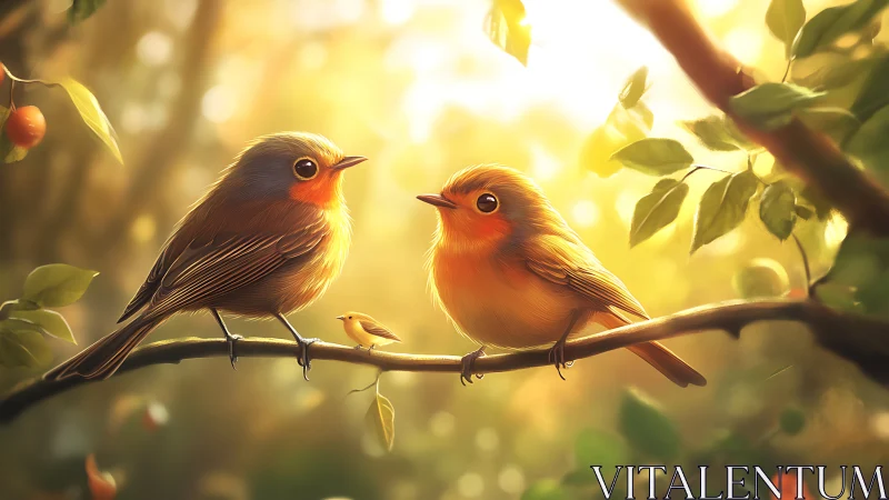 Two Robins on Sunlit Branch in Soft Painterly Style.