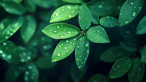 Fresh green leaves with rain droplets in soft focus forest.