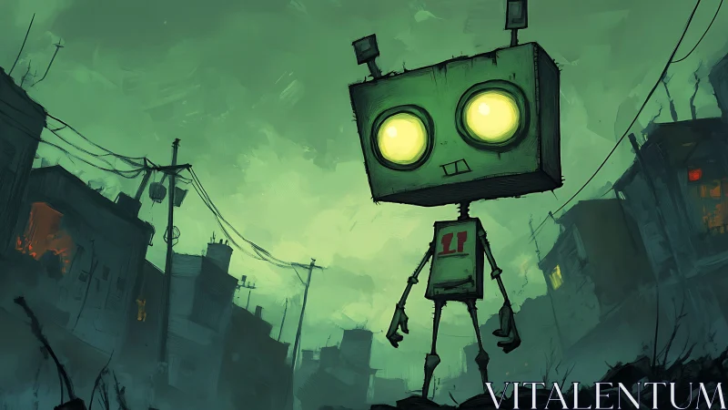 Glow-eyed street robot wanders through foggy neon ruins.