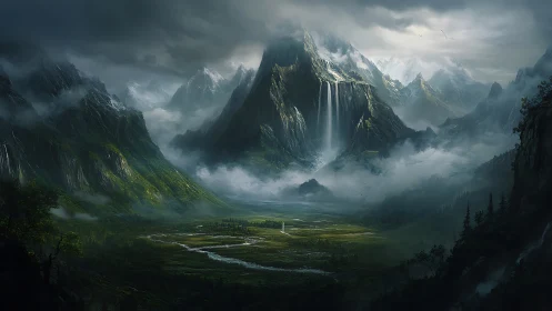 Dark fantasy mountain valley with towering waterfalls and mist.