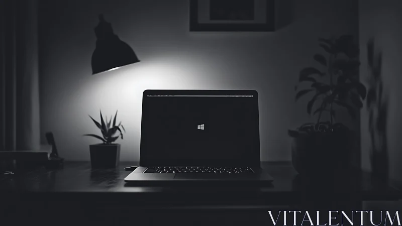 Minimalist monochrome workspace with laptop glow at night.