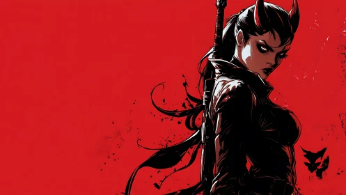 Scarlet backdrop framing horned warrior in inky silhouette.