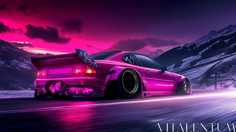 Neon pink drift car glowing under a dreamy mountain sunset.