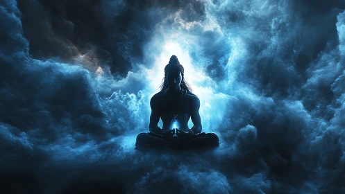 Silhouetted figure meditates in glowing cosmic clouds