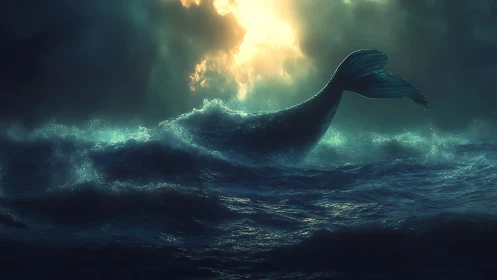 Celestial whale tail carves moonlit storms across the sea