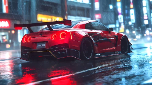 Red sports coupe on wet neon city street at night.