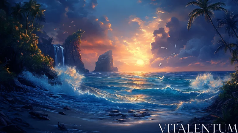Tropical Coastline at Sunset with Waterfall and Monolithic Rock Formations