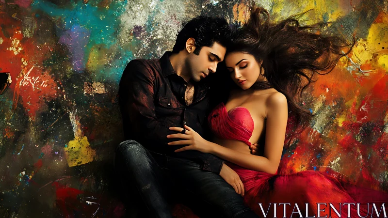 Intimate couple portrait with chromatic abstraction background rendering.