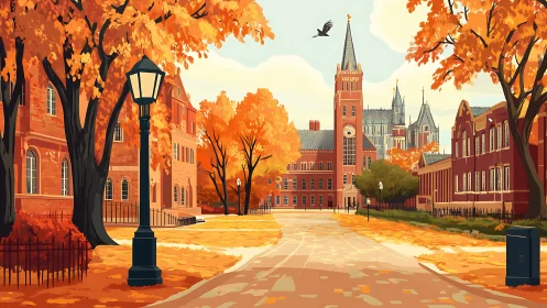 Autumn campus quad with redbrick clocktower and lanterns.