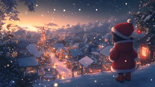 Snowy Christmas village vista with child in red coat.