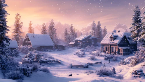 Snowbound mountain hamlet under pastel winter sunrise glow.