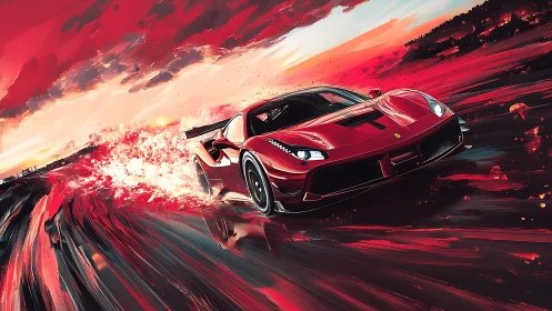 Crimson supercar racing through a wild painted sunset storm.