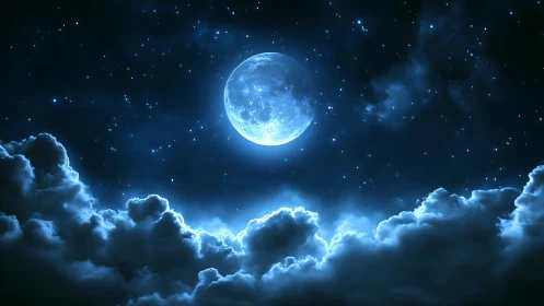 Moonlit night sky with illuminated clouds and scattered stars.