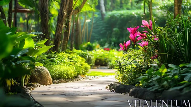 Curved stone garden path bordered by tropical foliage and lilies