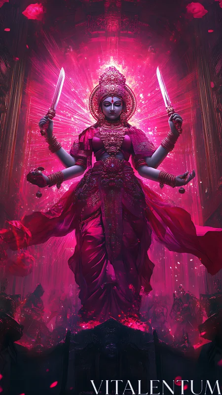Radiant multi-armed goddess ascends in vivid crimson light.