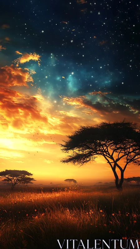 Starlit savanna evening where golden grass meets deep sky.