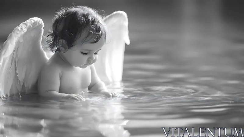 Curly haired baby angel sitting in shallow reflective water.
