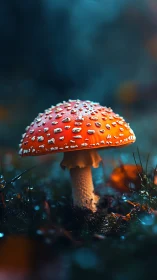 Moonlit red toadstool glowing in a quiet forest nook.