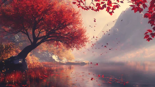 Crimson maple tree by misty alpine lake in early autumn light.