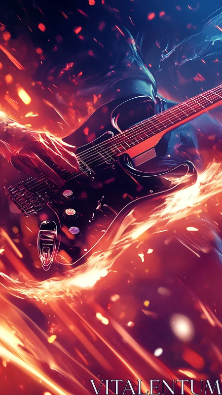 Electric guitarist engulfed in neon fire and molten light.