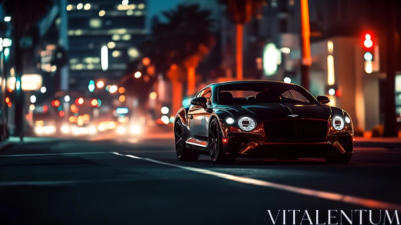 Midnight city cruise with a sleek luxury coupe shining.