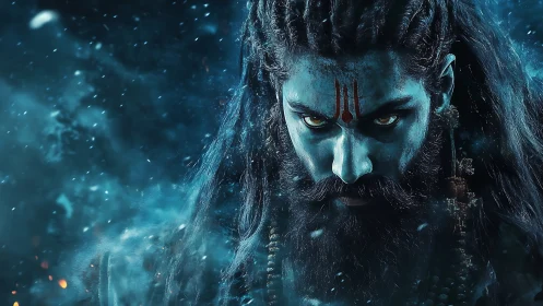 Mythic warrior portrait in icy blue digital painting focus.