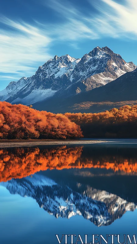 Snowcapped alpine ridge mirrors over lake with autumn canopy