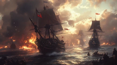 Sailing warships amid coastal fires and dense smoke at dusk.