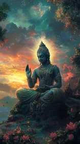 Celestial blue deity meditates amid volumetric sunset sky and lotus