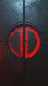 Weathered red emblem on industrial steel panels at night.