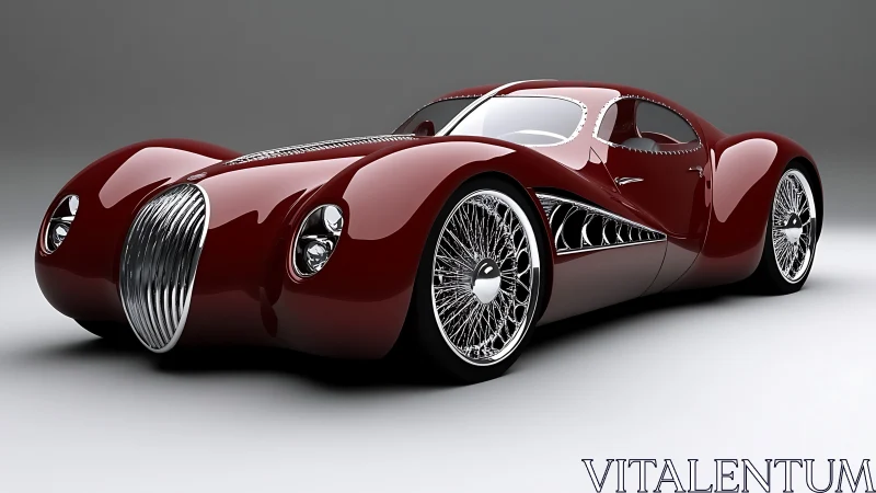 Streamlined burgundy concept car renders with retro-futurist chrome