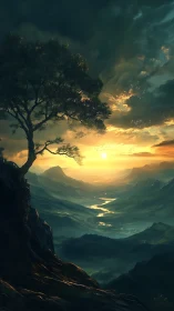 Sunset over distant mountains and winding river valley.