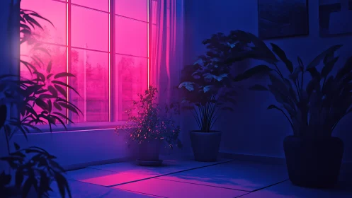 Glowing pink window light bathing a cozy indoor garden.