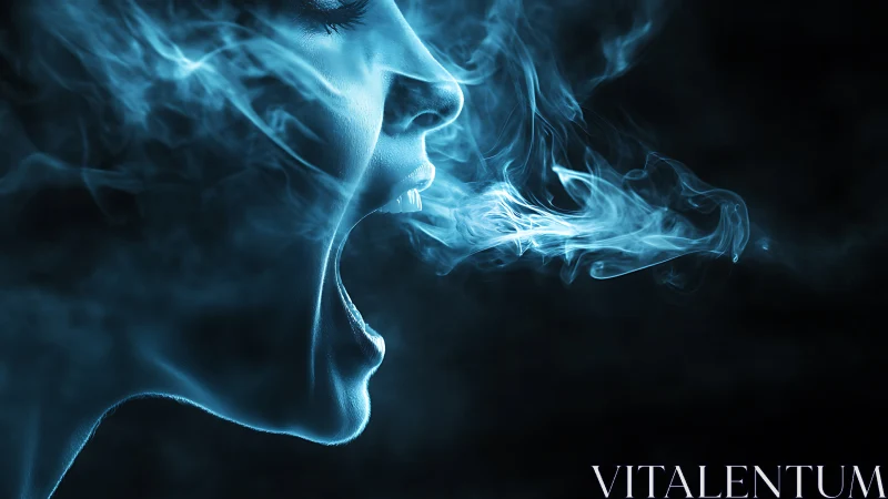 Photorealistic side profile in cyan vapor stream contrast.