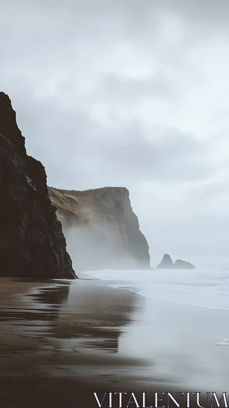 Foggy basalt sea cliffs with wet reflective shoreline at low tide