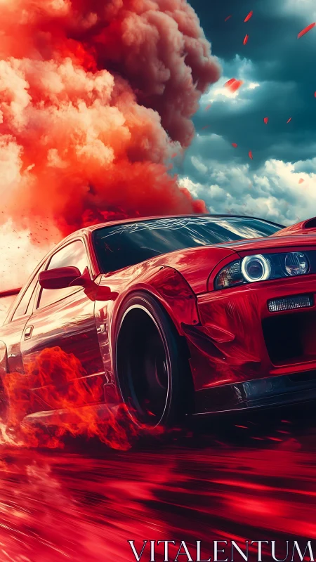 Red drift car tearing through fire and storm clouds.